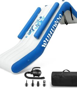 WUHUWOO Inflatable Pontoon Boat Water Slide. Blue - Electric Air Pump And Storage Bag