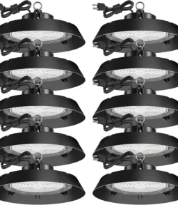 200-watt. 10 sets of UFO lamps. LED ceiling lights. 28.000 lumens. 5000K LED ceiling lights. 5-foot cable. can replace 650-watt metal halide/hot mercury lamps. suitable for gyms. factories. barns and warehouses.