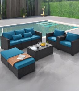 6 Pieces Outdoor Patio Furniture Sets with Furniture Cover. PE Rattan Wicker Patio Conversation Set with Tea Table (Peacock Blue. Rattan Storage Table)