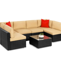 7-Piece Modular Outdoor Sectional Wicker Patio Conversation Set w/ 2 Pillows. Coffee Table