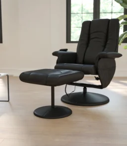 Bizchair Massaging Heat Controlled Adjustable Recliner and Ottoman with Wrapped Base in Black Leathersoft