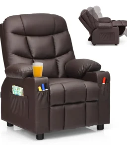 Kids Recliner Chair PU Leather Adjustable Lounge Sofa with Cup Holder. 3 Pockets & Retractable Footrest. Ergonomic Toddler Furniture Sofa
