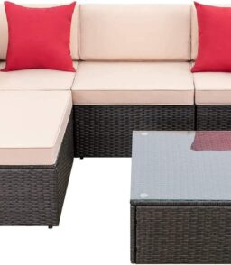 5 Pieces Patio Furniture Sets All Weather Outdoor Sectional Patio Sofa Manual Weaving Wicker Rattan Patio Seating Sofas with Cushion and Glass Table(Beige)