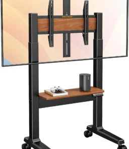 Motorized Mobile TV Stand on Wheels for 37–86 Inch TVs up to 154 lbs. Electric Height Adjustable Rolling TV Stand. VESA 200x200–600x400mm. Wooden Shelf & Panel. PGTVMC26B