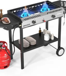 2 Burner Outdoor Propane Gas Stove with Griddle. Auto-ignition. Regulator & Side Shelves. 150.000 BTU Powerful Stand Cooker for Backyard Cooking Home Brewing Canning Frying Grilling