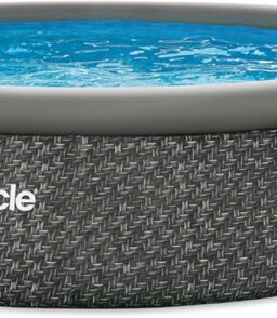 12 Foot by 36 Inch Quickset Round Inflatable Ring Top Outdoor Above Ground Swimming Pool Set with Pump and Cartridge Filter. Dark Herringbone