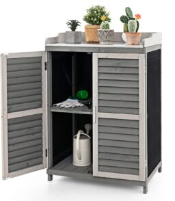Outdoor Potting Workbench With Metal Tabletop And Garden Storage Cabinet