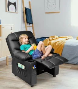 Infans Kids Youth Recliner Chair PU Leather W/Cup Holders & Side Pockets Black