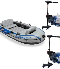 Intex Excursion 4 Inflatable Raft Set With 2 Transom Mount 8 Speed Trolling Motors