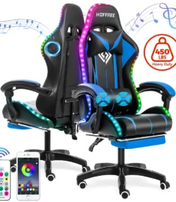 Hoffree Message Gaming Chair with RGB LED Lights. Racing Style Recliner Swivel Video Game Chair with Speakers. Adjustable Ergonomic High Back Computer Chair with Headrest & Lumbar Support
