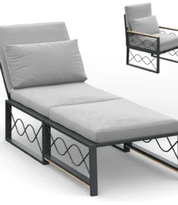 AECOJOY Outdoor Metal Chaise Lounge Chair. Convertible Patio Armchair with Cushions. Adjustable 5-Position Recliner