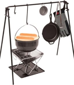 Campfire Cooking Grill Stand With Hooks And Accessories Bag. Black. 90x57x87cm