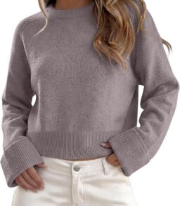 ANRABESS Sweaters for Women Cropped Fall Lightweight Pullover Nutmeg M | Crewneck Long Sleeve Business Casual Shirts. Soft Ribbed Hem Rolled Cuffs Knit Tops. Daily Office Work. Winter Layer Clothes at Amazon Women's Clothing store
