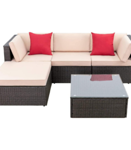 Devoko 5 Pieces Patio Furniture Sets All Weather Outdoor Sectional Patio Sofa Manual Weaving Wicker Rattan Patio Seating Sofas with Cushion and Glass Table(Beige)