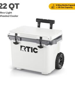 RTIC Ultra-Light Wheeled Hard-Sided Cooler. 22 QT. Fits 28 Cans or 6 Wine Bottles. White & Grey