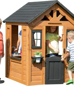 Children's playhouse cabin. equipped with a game kitchen. snack bar. half-door. toy phone. windows. flower pot stand and an operable doorbell. suitable for creative outdoor games.