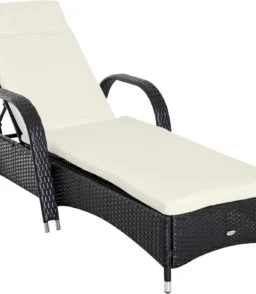 Wicker Outdoor Chaise Lounge. 5-Level Adjustable Backrest PE Rattan Pool Lounge Chair with Wheels. Cushion & Headrest. Brown and Dark Blue