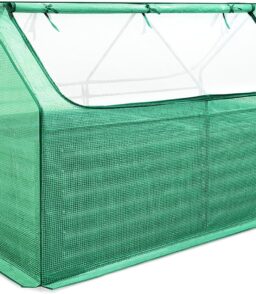 Raised Garden Bed with Cover Outdoor Galvanized Metal Planter Box Kit. w/ 2 Large Screen Windows Mini Greenhouse 20pcs T Tags 1 Pair of Gloves Included for Growing Vegetables 6x3x1ft (Clear)