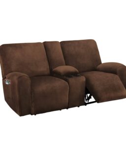 ULTICOR Reclining Love Seat with Middle Console Slipcover. 8-Piece Velvet Stretch 2 Seat Loveseat Recliner Cover. Thick Soft. Washable (chocolate)