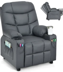 Costway Kids Youth Recliner Chair PU Leather W/Cup Holders & Side Pockets Grey
